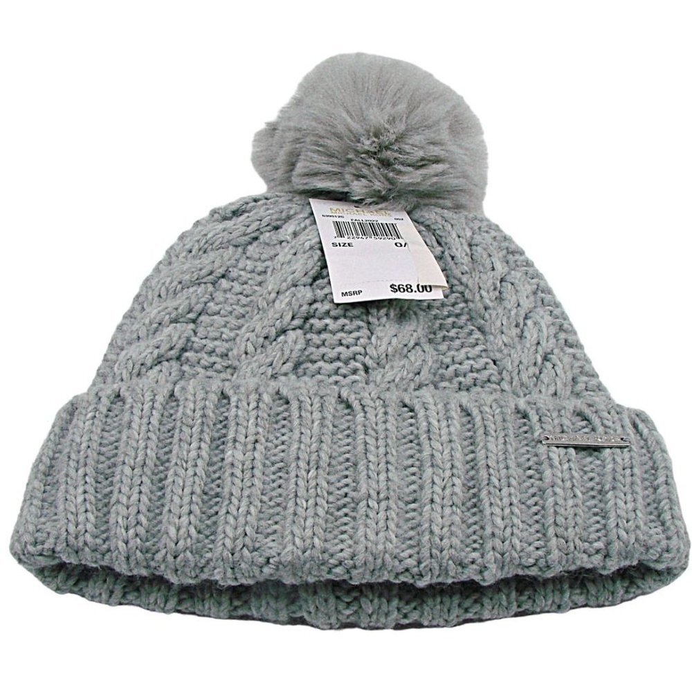 NEW Michael Kors POM POM Beanie Hat Gray Womens Lined Knit Faux Fur POM OSFM NWT
